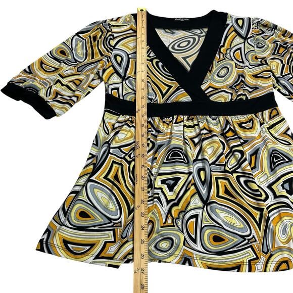 Y2k Geometric babydoll Shirt Top Sz L deep V Neck Yellow Retro Mod 70s indie - Picture 4 of 9